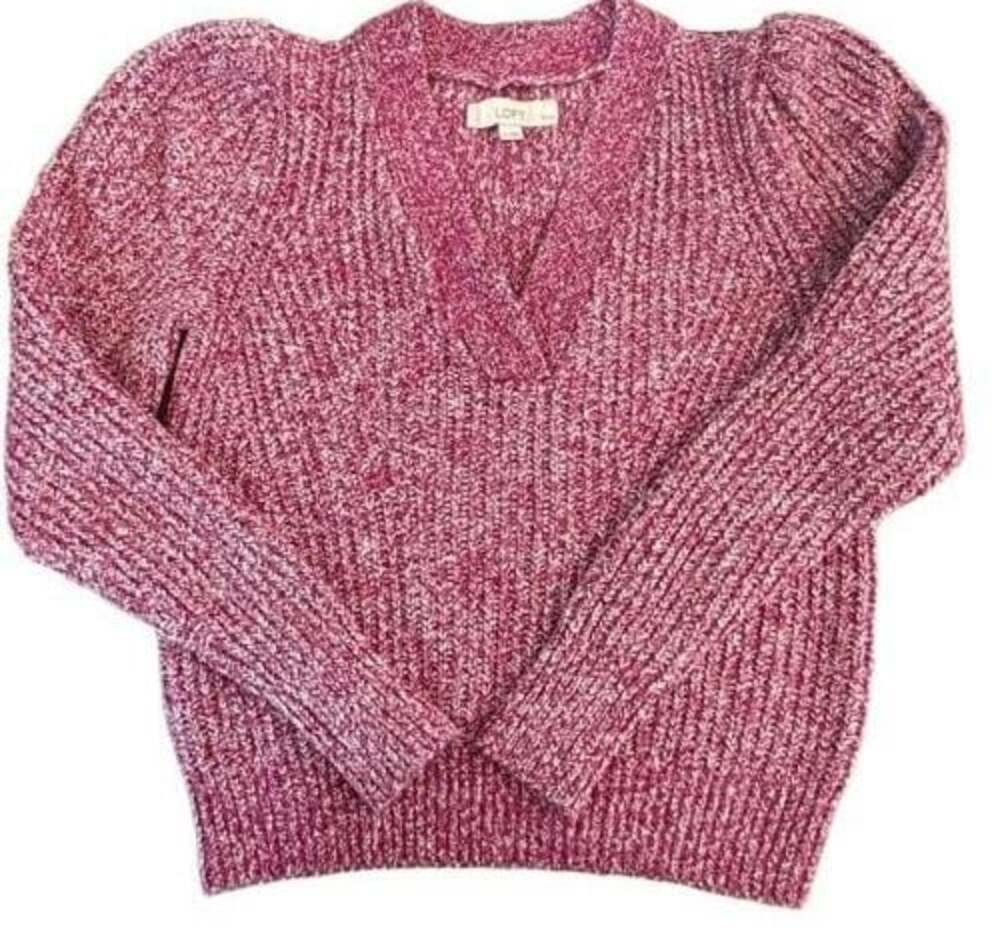 LOFT Petites Marled V-Neck Sweater Pink White SP